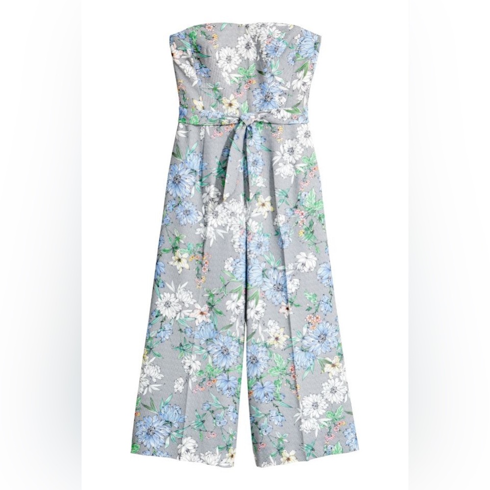 H&M Spring Floral Strapless Wide Leg Jumpsuit with Tie Waist